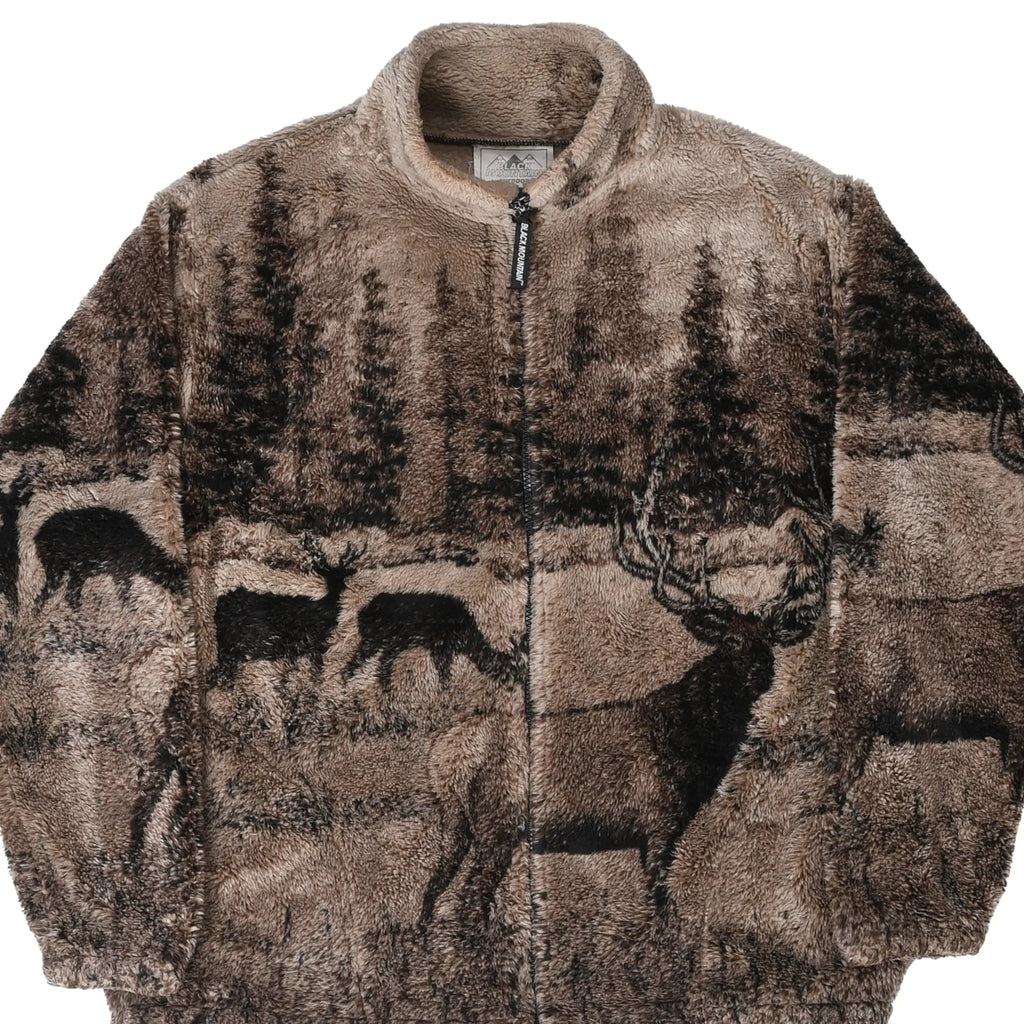 Close front view of brown zip fleece jacket with deer, elk and forest print