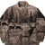 Close front view of brown zip fleece jacket with deer, elk and forest print
