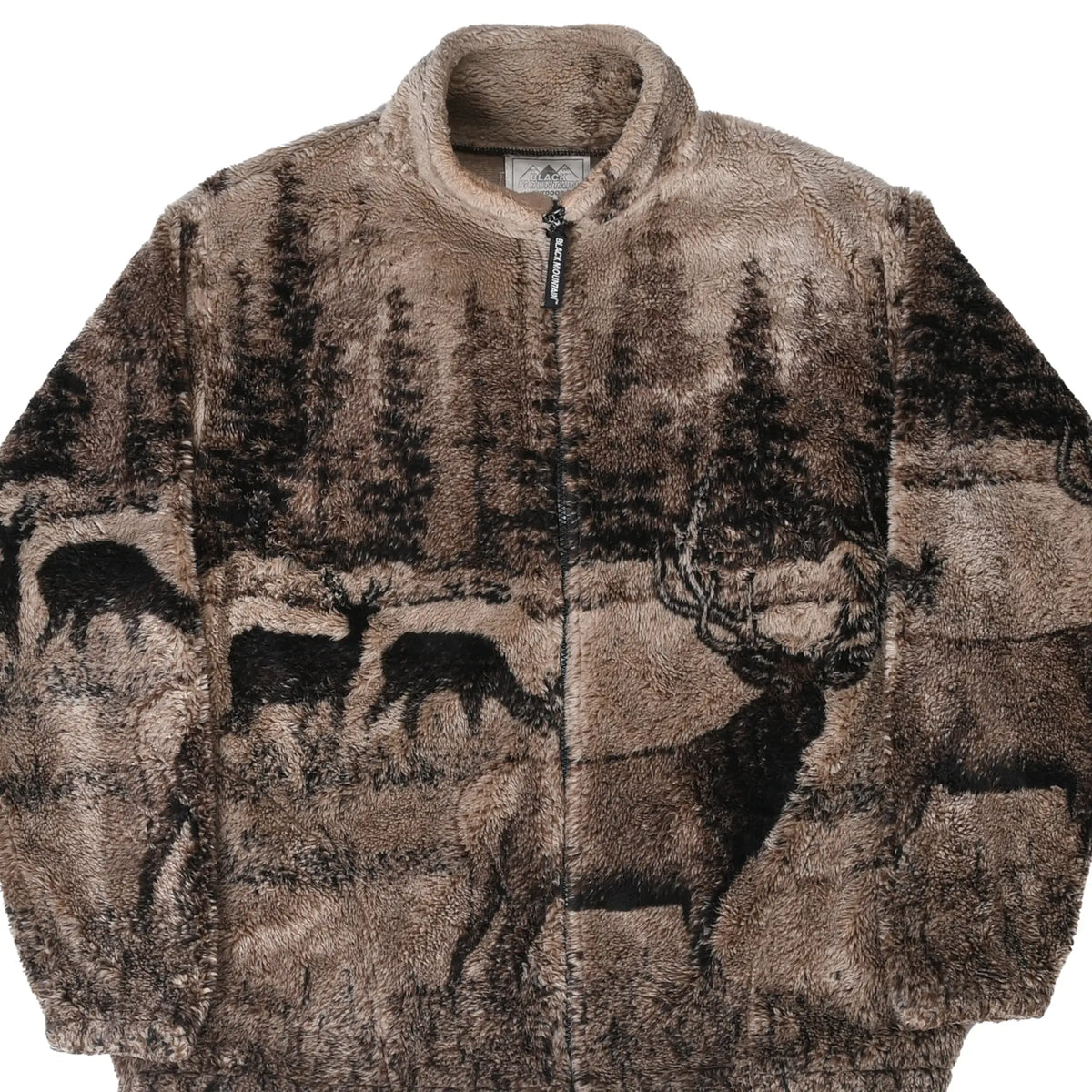 Close front view of brown zip fleece jacket with deer, elk and forest print