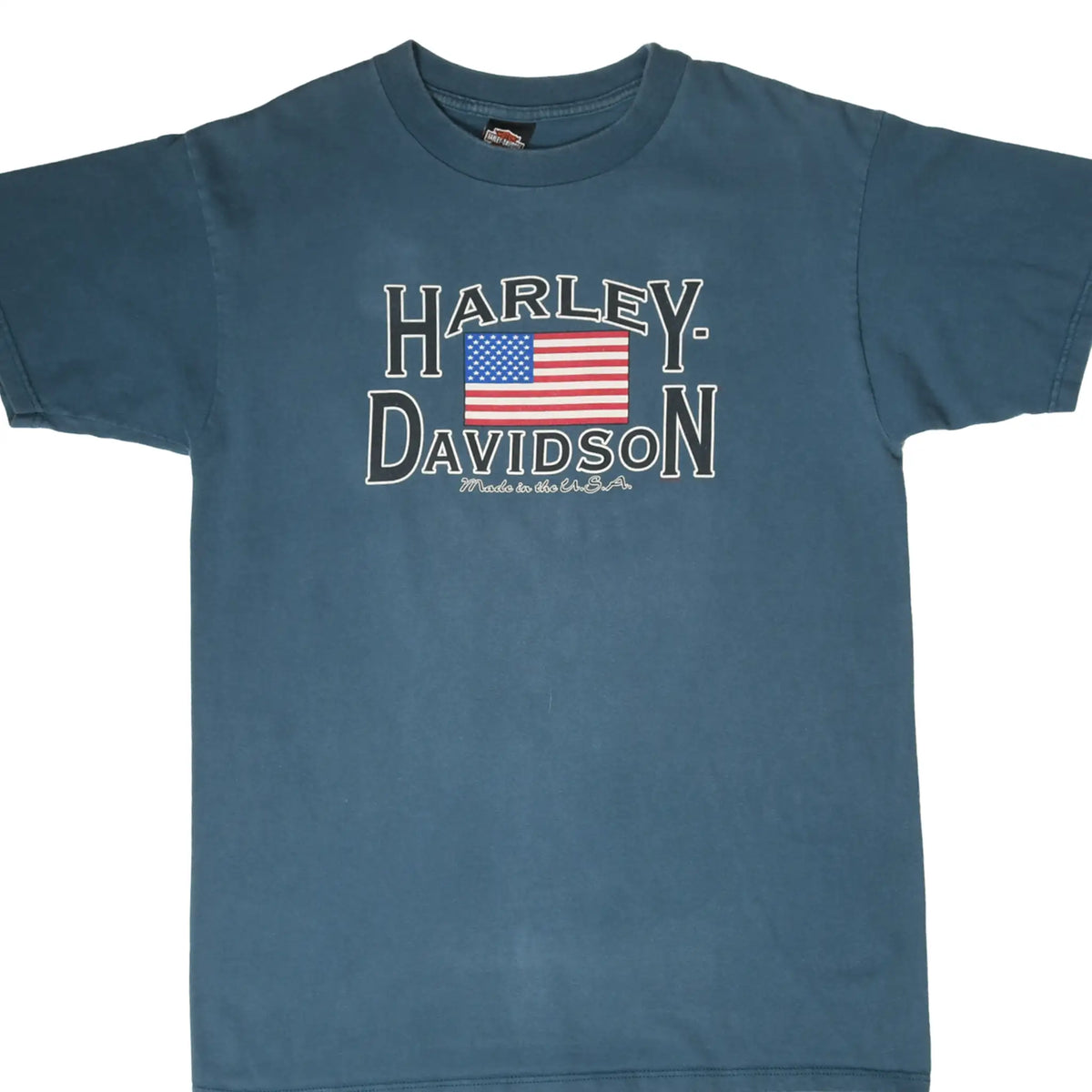 Front of blue Harley-Davidson T-shirt with American flag logo graphic