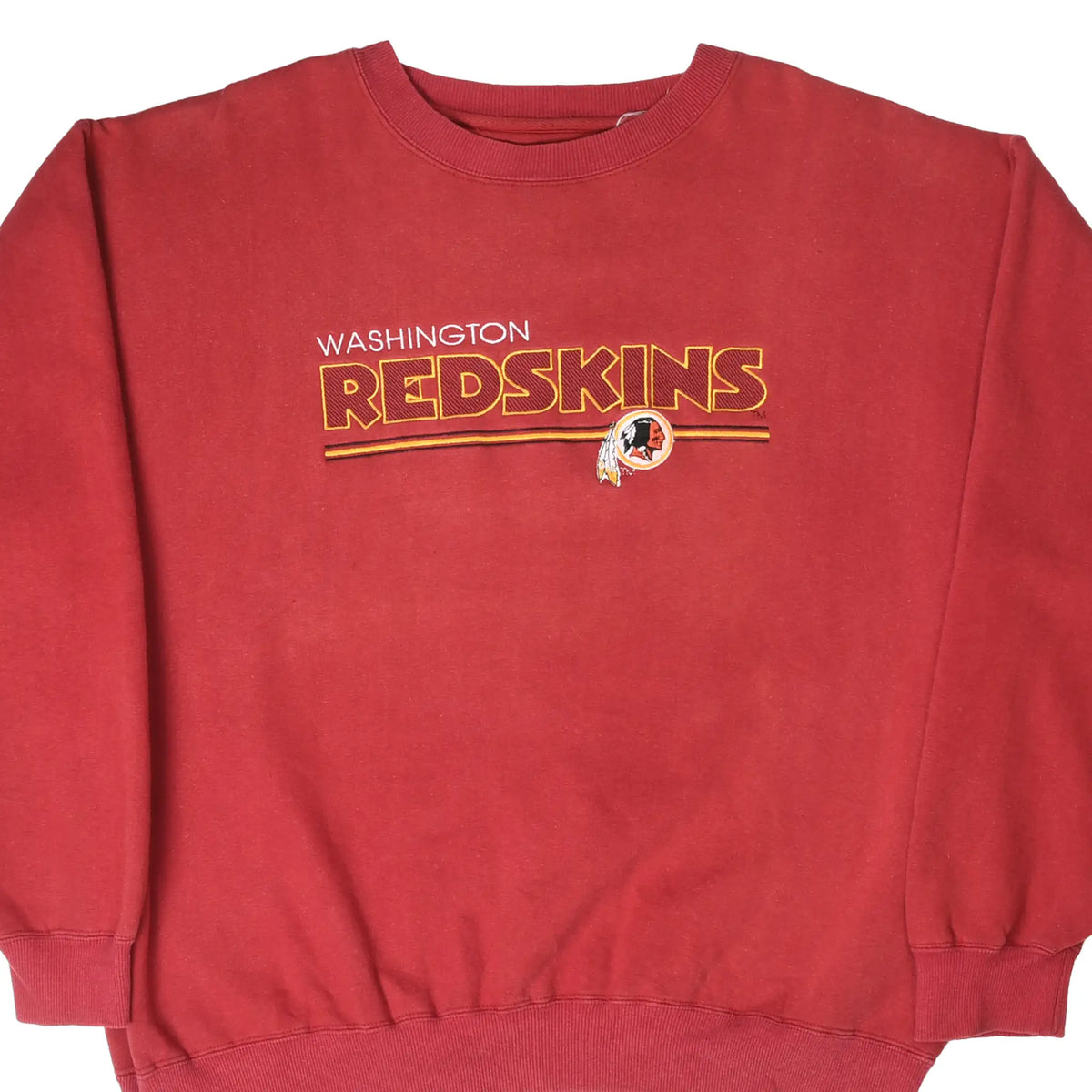 Front of burgundy Washington Redskins sweatshirt with embroidered team name and logo