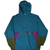 Front of L.L.Bean hooded anorak in teal, purple, and olive with half zip and kangaroo pocket