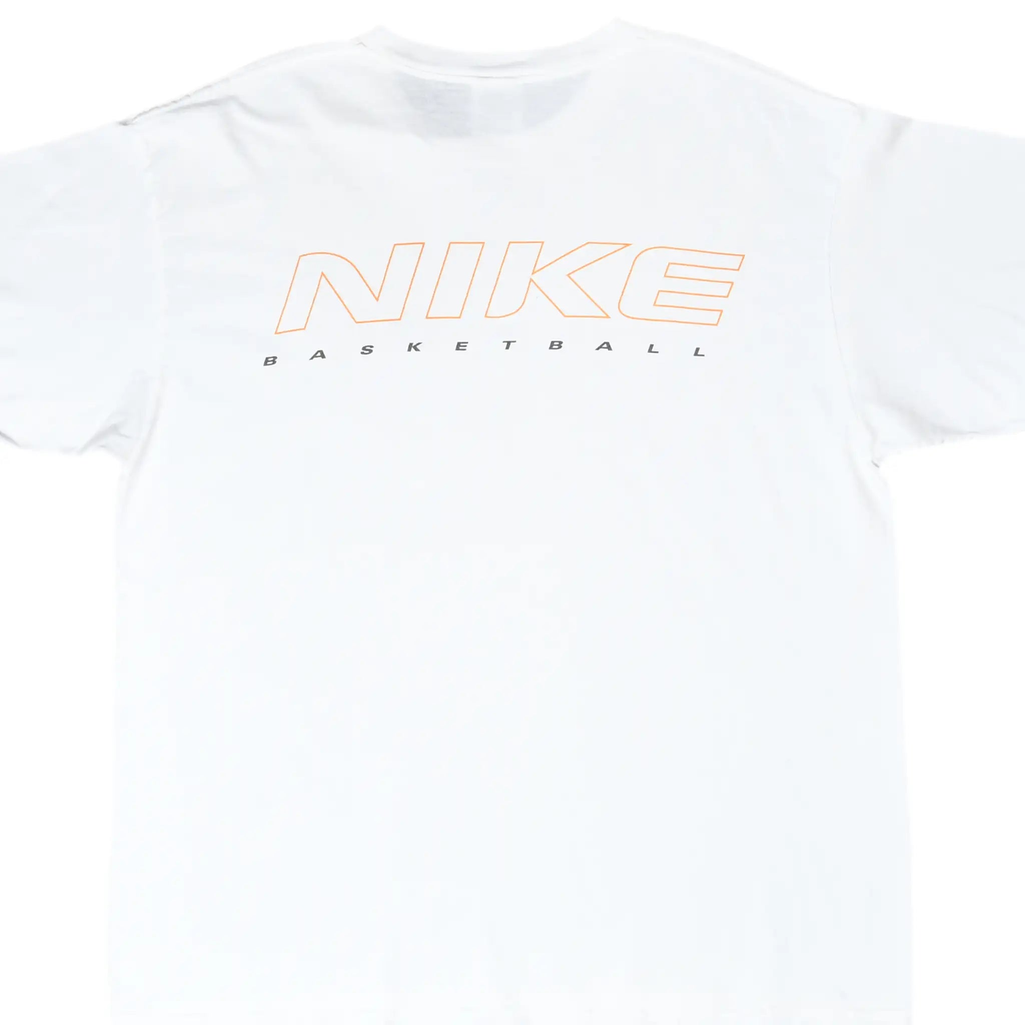 Back detail of white Nike basketball T-shirt with orange outlined Nike graphic