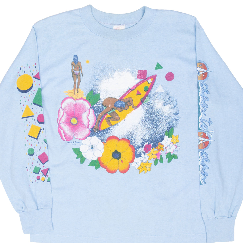 Vintage Hawaiian Ocean To Ocean Surfing Long Sleeve Tee Shirt 1983 Size Medium Made In Usa With Single Stitch Hem