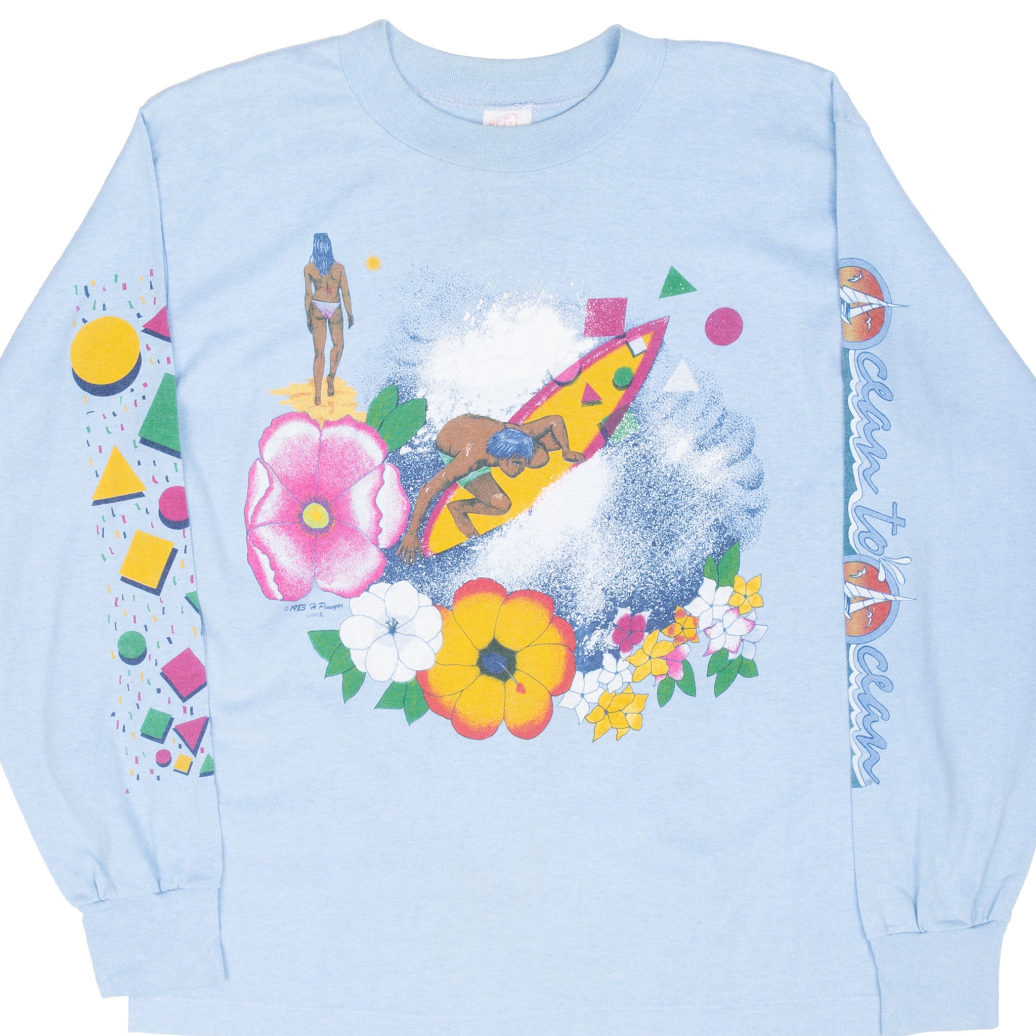 Vintage Hawaiian Ocean To Ocean Surfing Long Sleeve Tee Shirt 1983 Size Medium Made In Usa With Single Stitch Hem