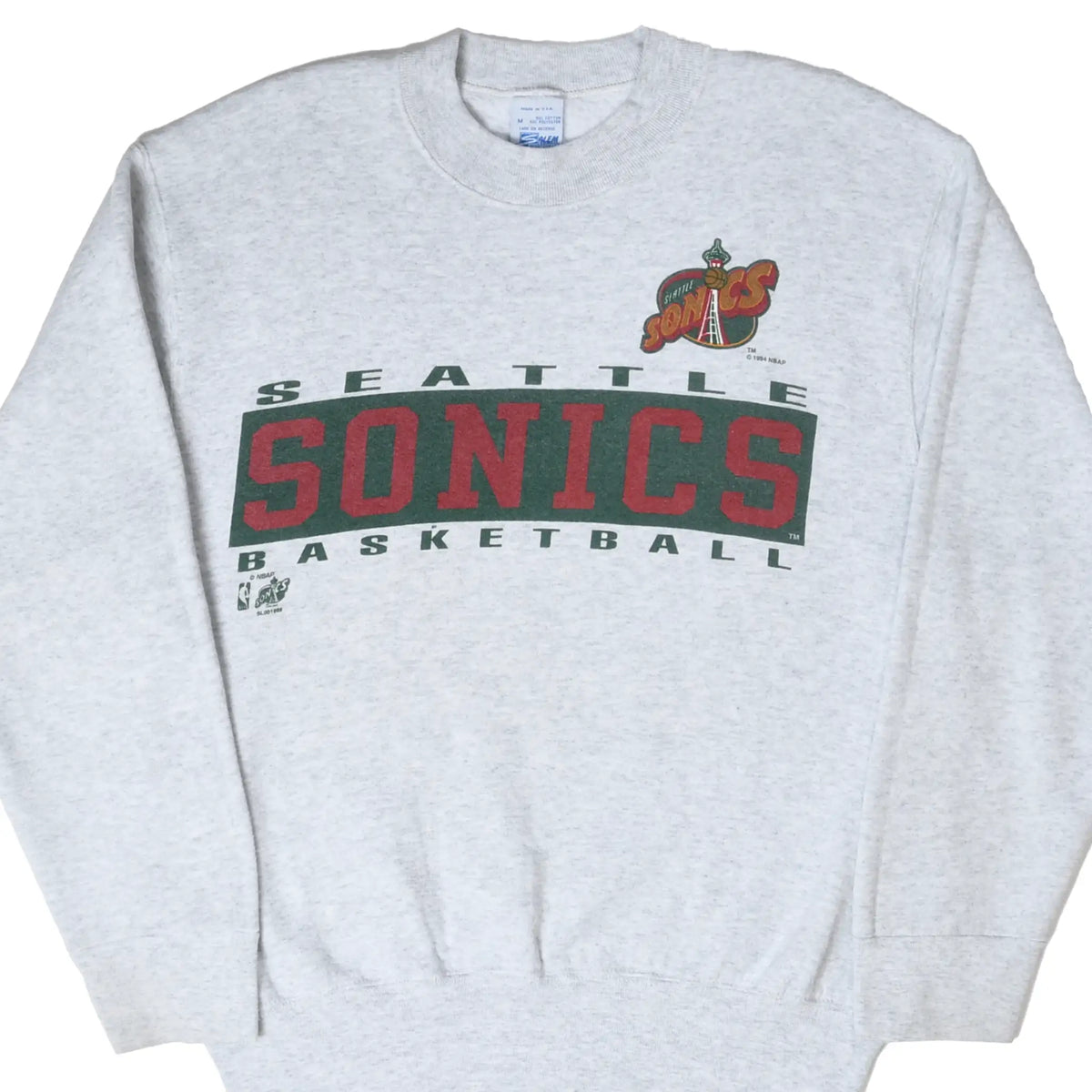 Front of gray Seattle Sonics basketball sweatshirt with red and green chest graphic