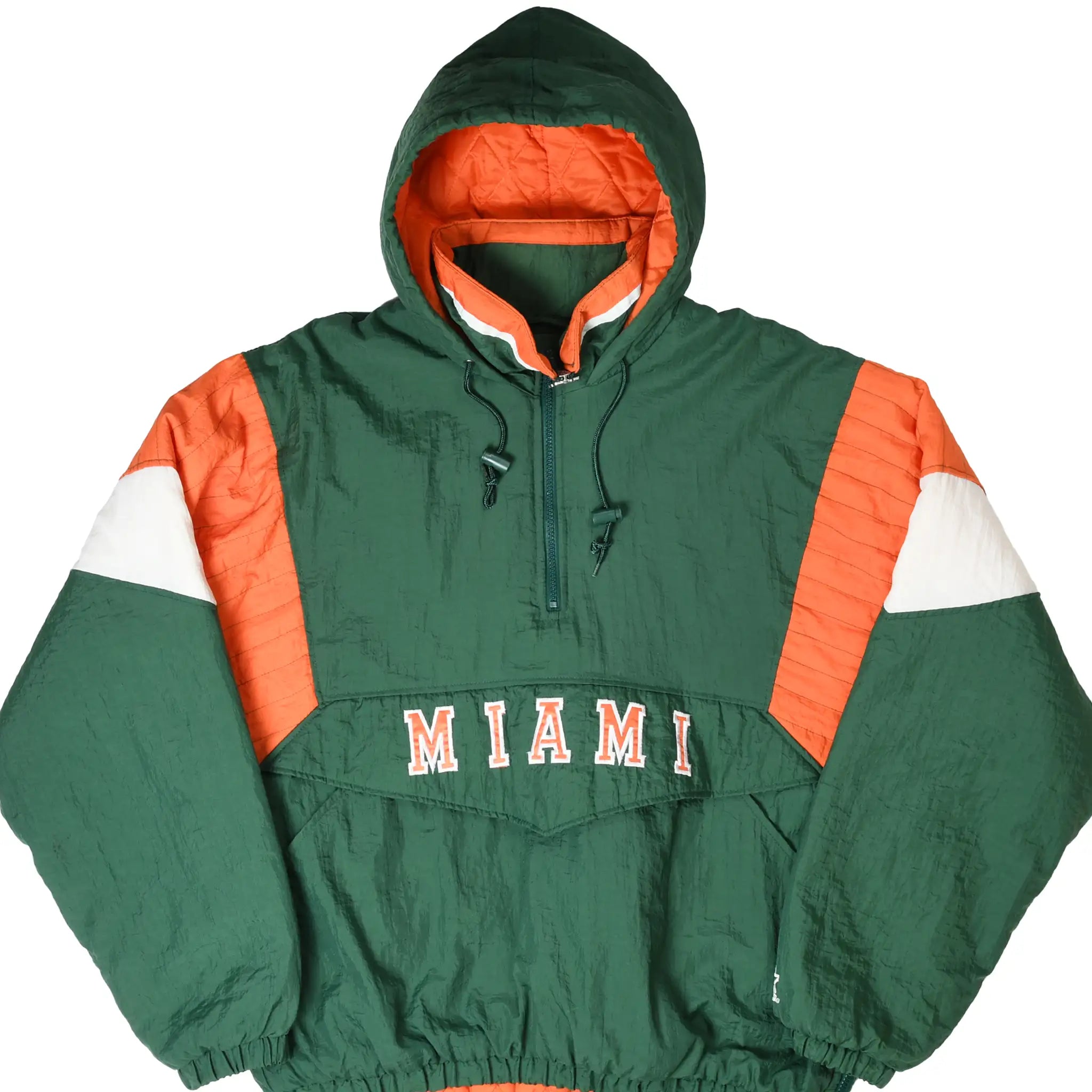 Front of green Starter Miami Hurricanes pullover jacket with orange and white sleeve panels