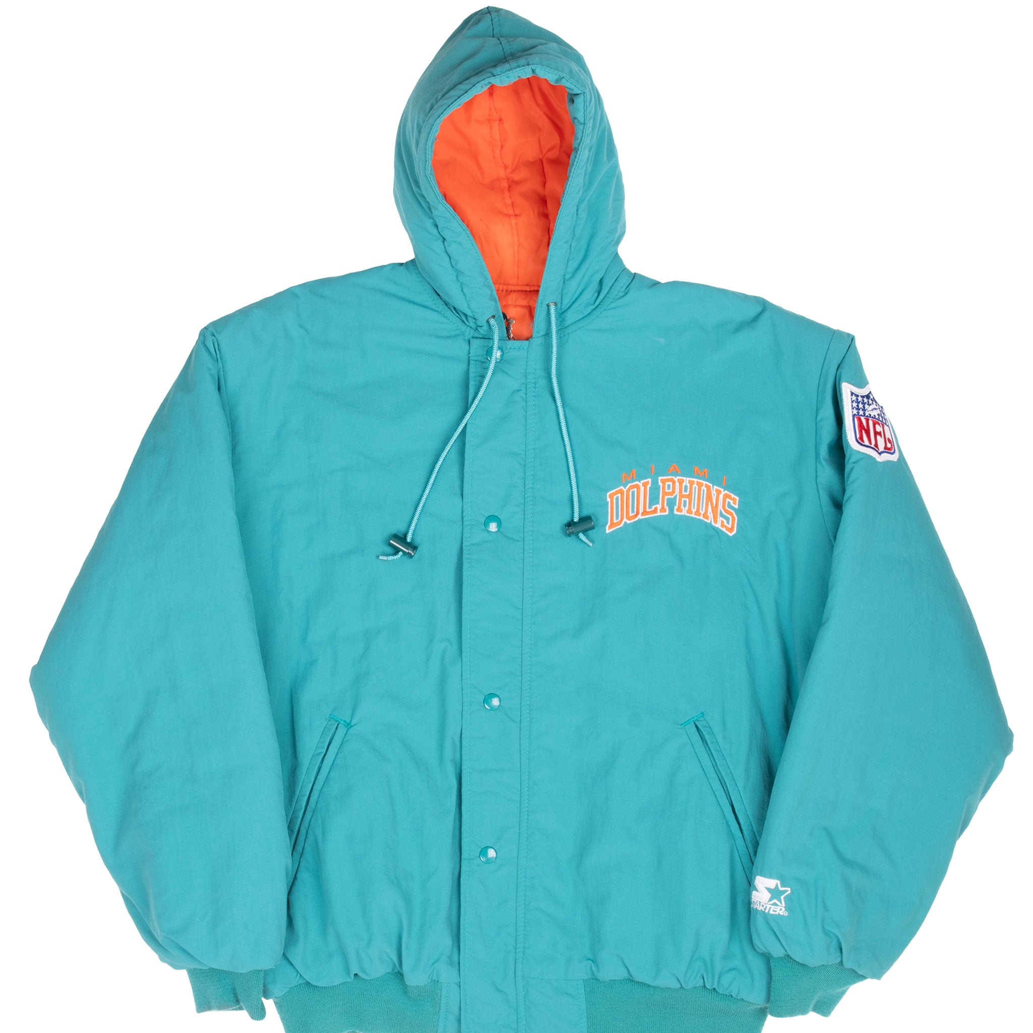 Vintage Nfl Miami Dolphin Hooded Windbreaker Starter Jacket 1990S Size Large Made In USA