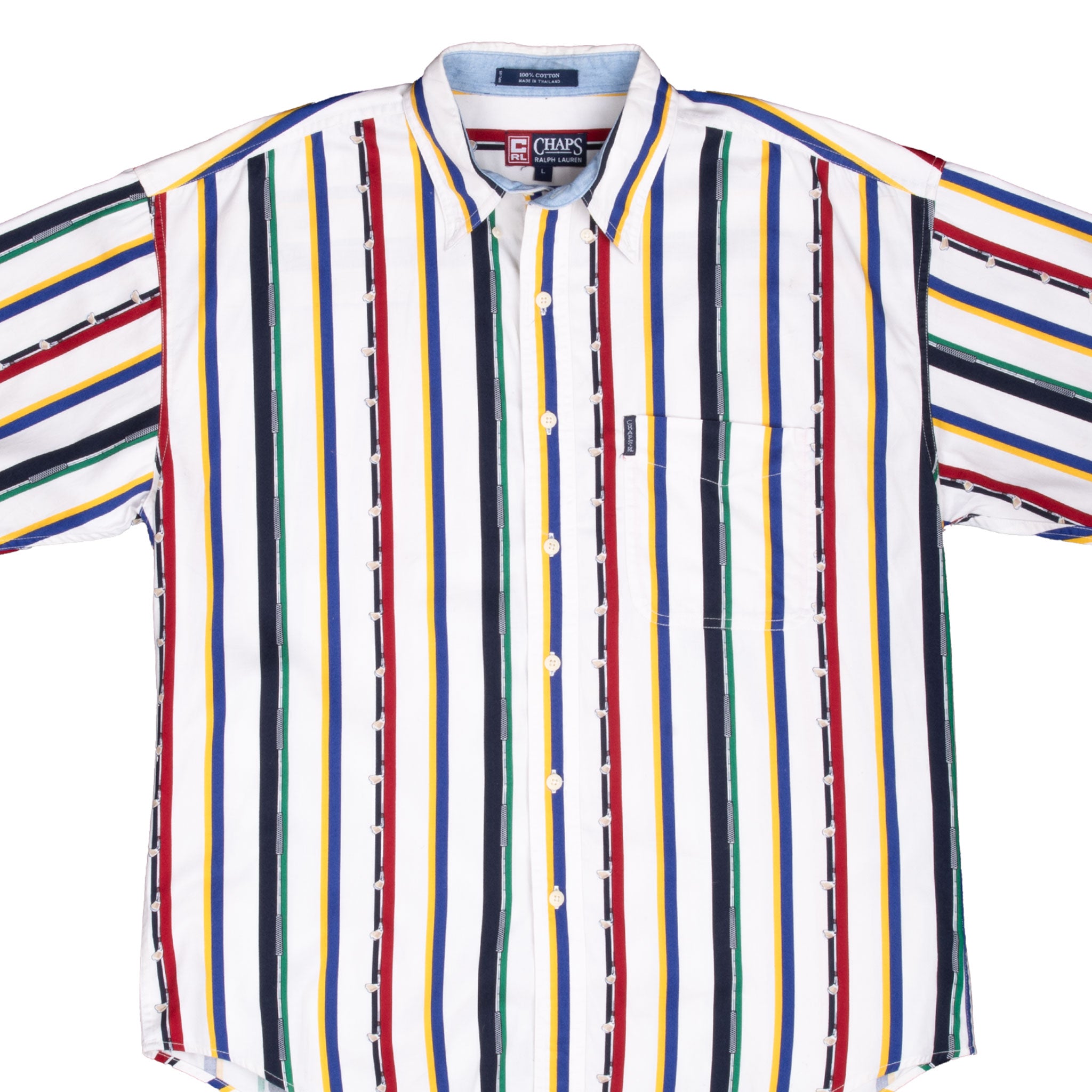 VINTAGE CHAPS RALPH LAUREN MULTICOLOR STRIPE GOLF SHORT SLEEVE SHIRT 1990S LARGE