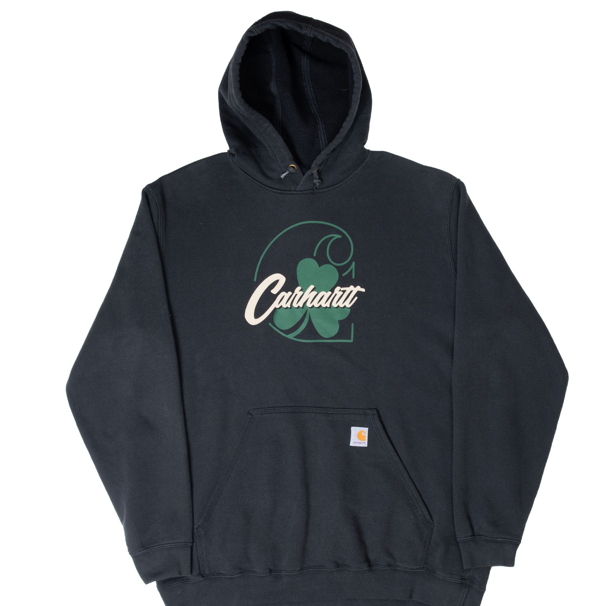 Front of black Carhartt pullover hoodie with green clover graphic and cream script logo