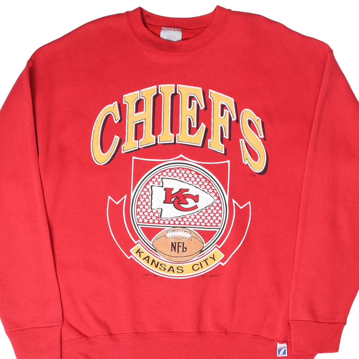 Front of red Kansas City Chiefs sweatshirt with large Chiefs crest graphic