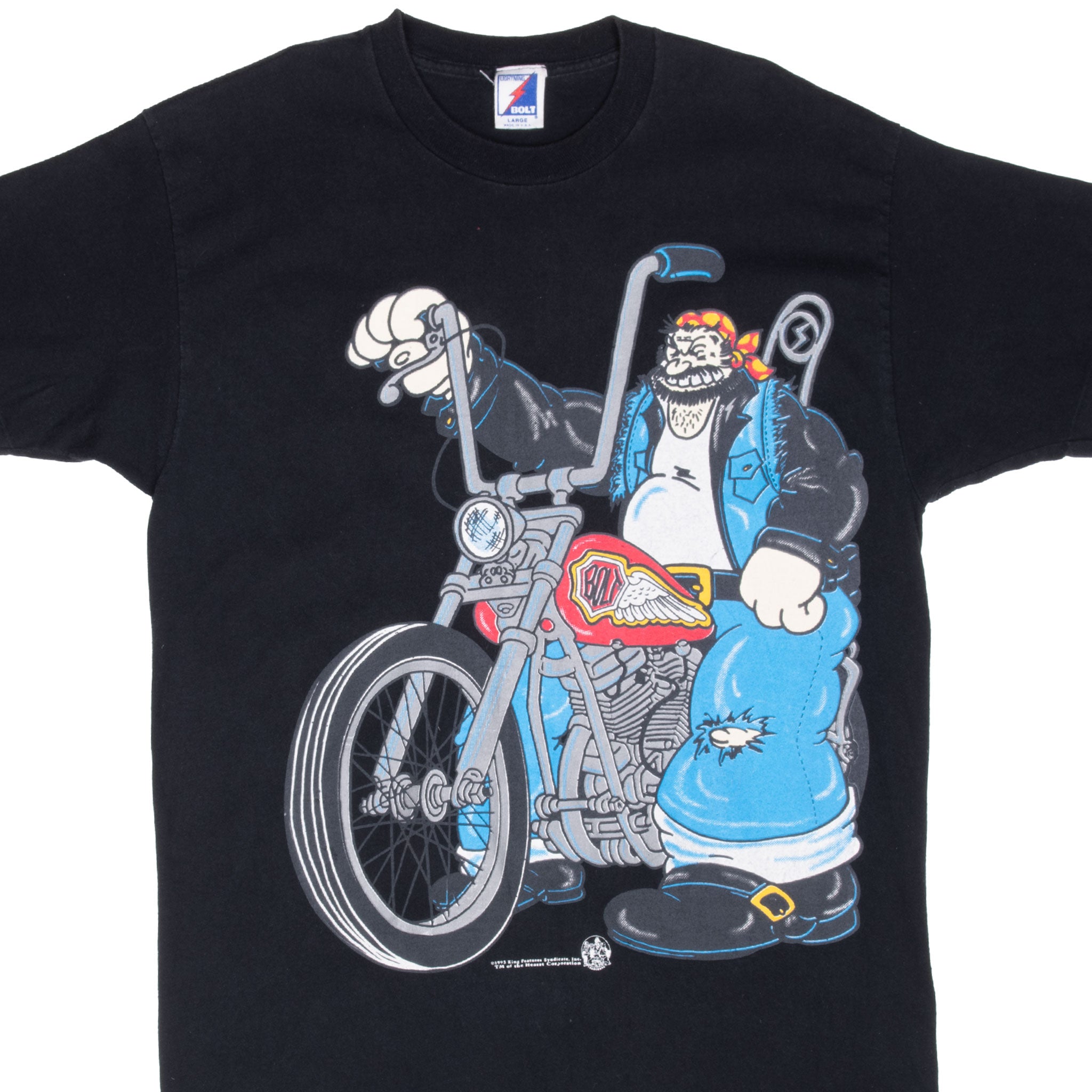 VINTAGE LIGHTING BOLT KING FEATURE BLUTO POPEYE BIKER TEE SHIRT 1993 LARGE MADE USA