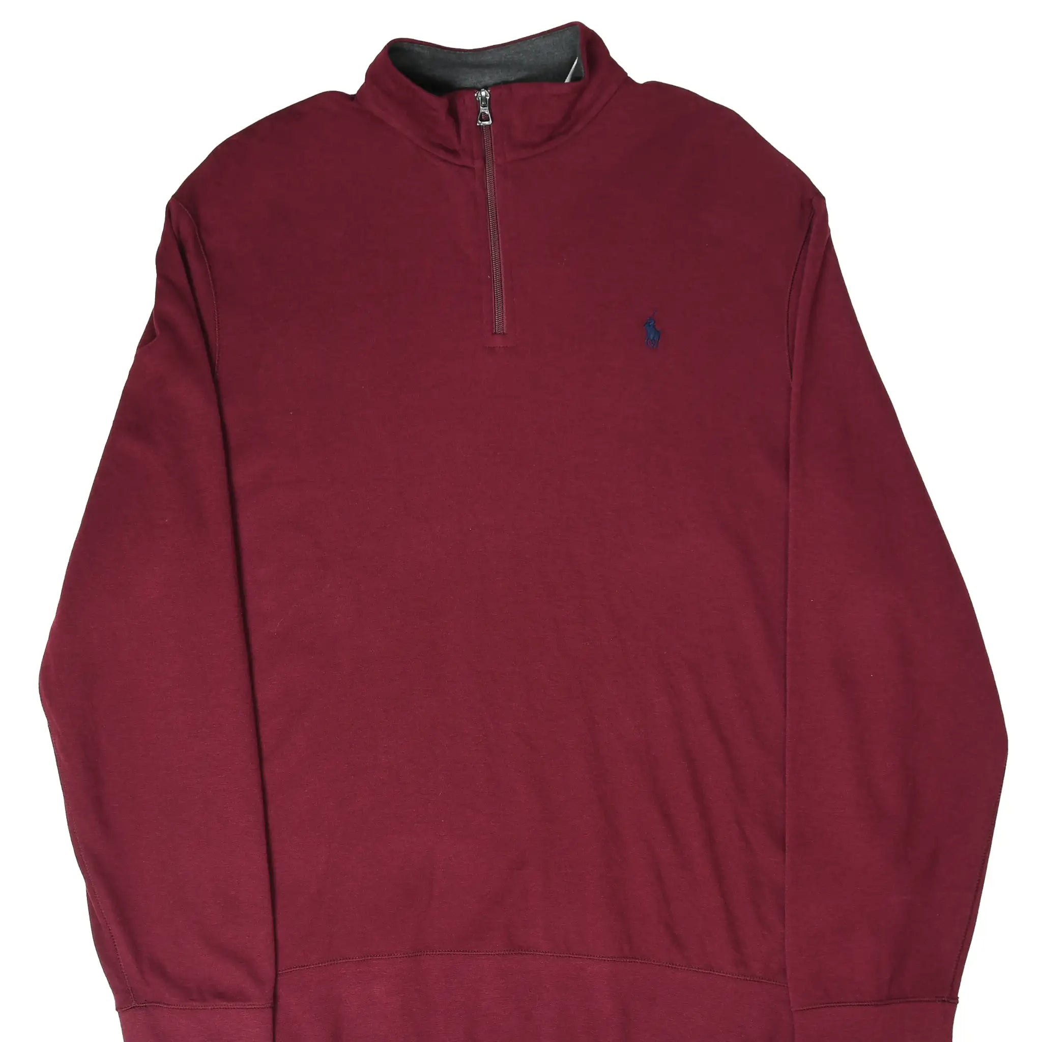 Front of burgundy Polo Ralph Lauren quarter-zip sweater with navy pony embroidery