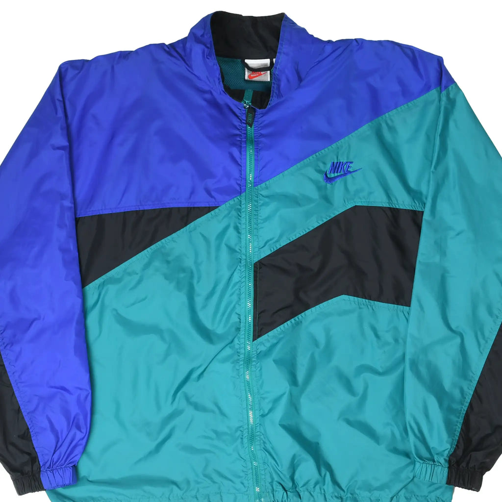 Front of Nike windbreaker jacket in teal, blue and black with embroidered Swoosh