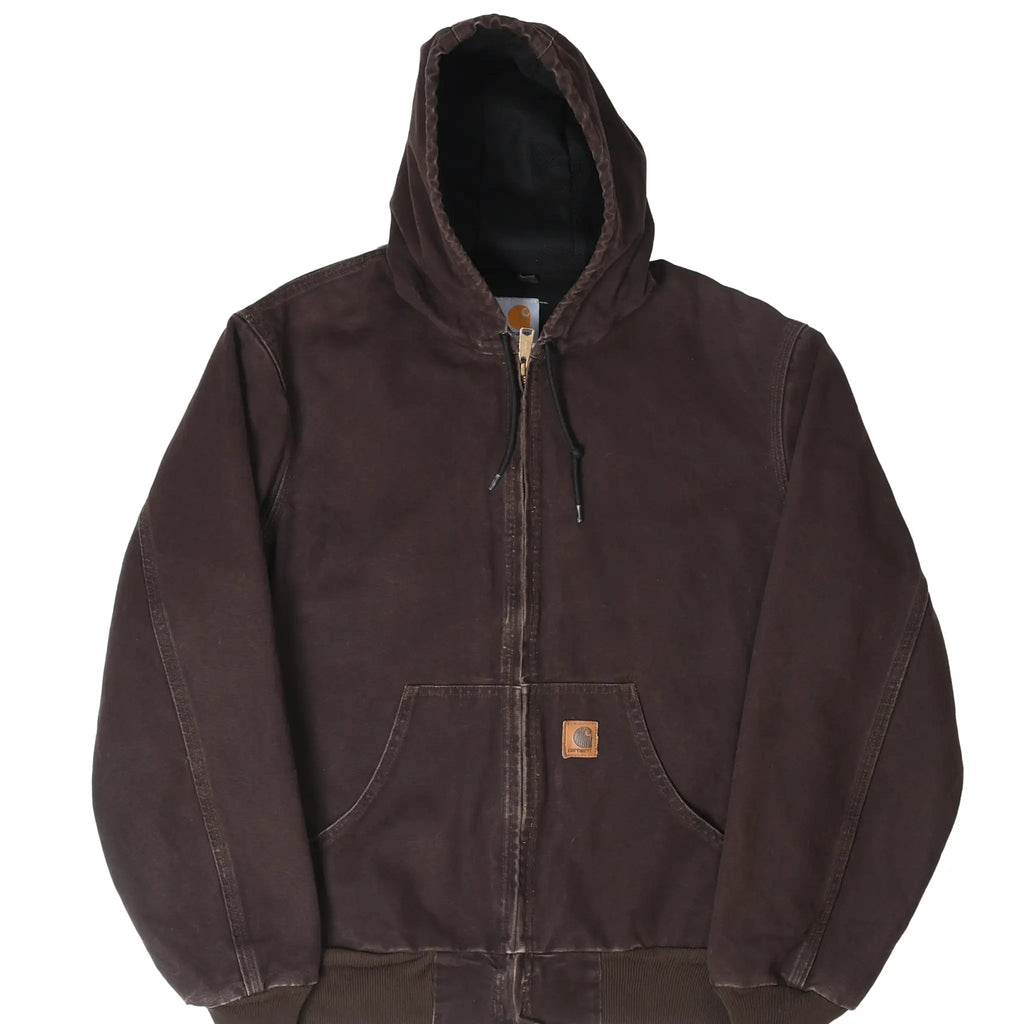 Front of brown Carhartt hooded active jacket with zipper, drawcord hood, and split pouch pockets
