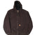 Front of brown Carhartt hooded active jacket with zipper, drawcord hood, and split pouch pockets