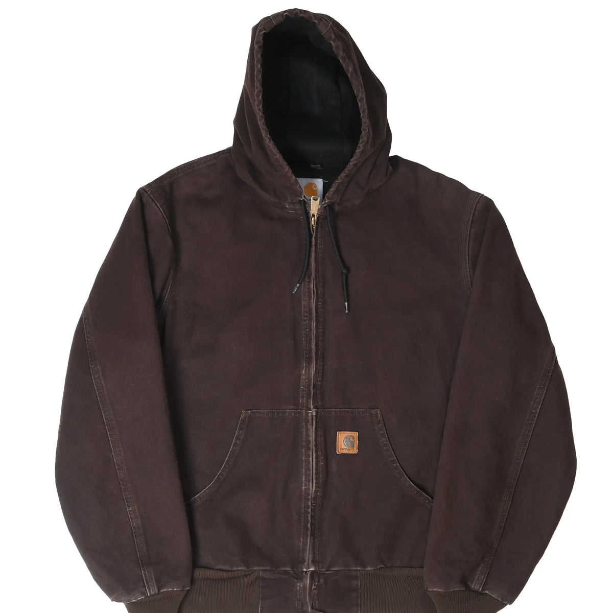 Front of brown Carhartt hooded active jacket with zipper, drawcord hood, and split pouch pockets