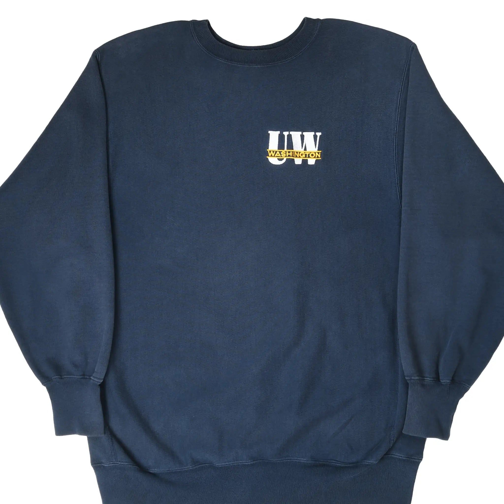Front of navy Champion Reverse Weave sweatshirt with embroidered Washington UW chest logo
