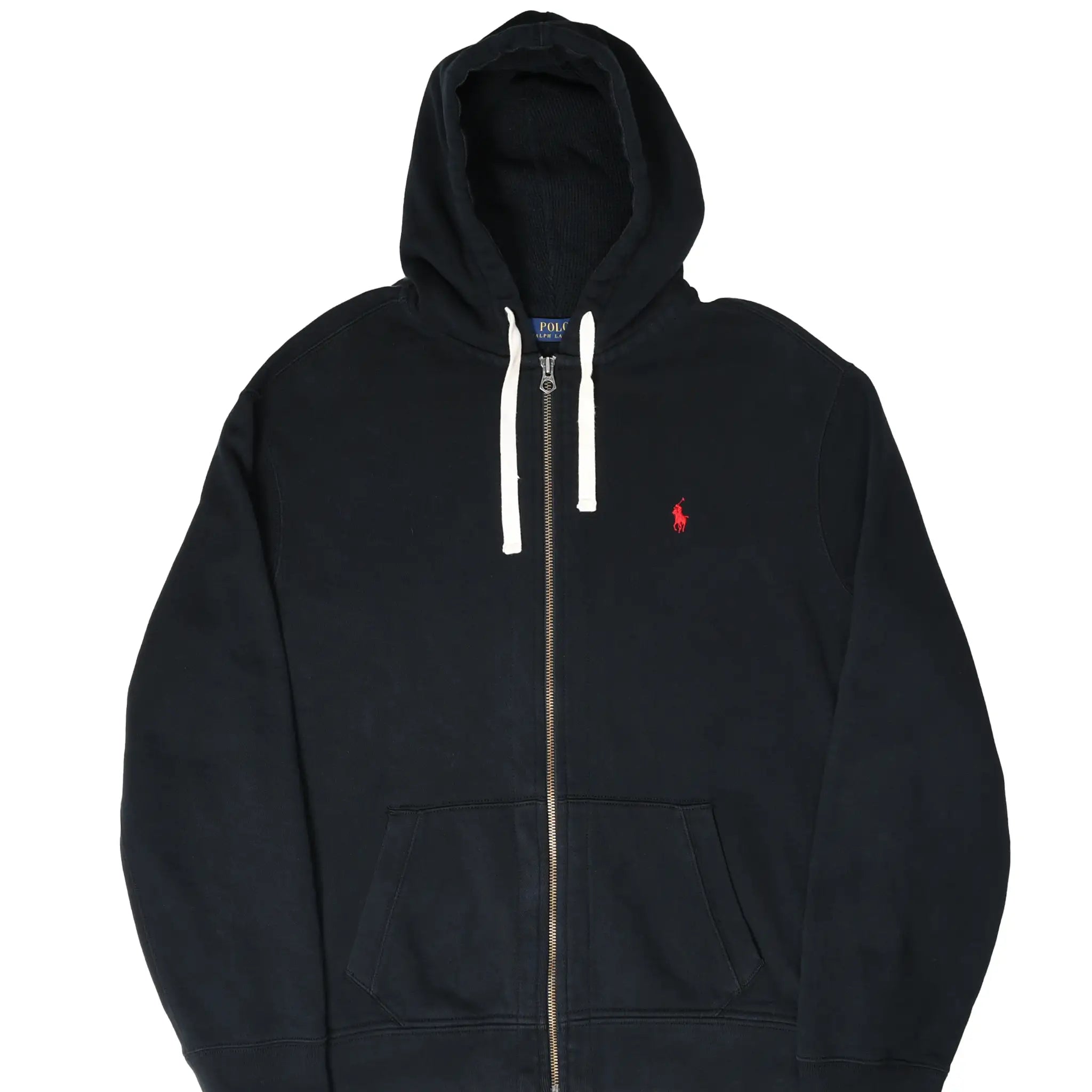 Front of black Polo Ralph Lauren full-zip hoodie with white drawstrings and red pony embroidery