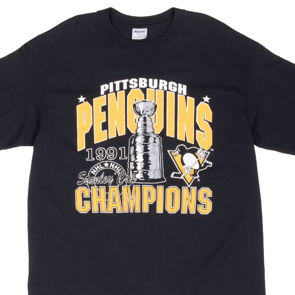 Vintage Nhl Pittsburgh Penguins Stanley Cup 1991 Tee Shirt Size Large Made In Usa With Single Stitch Sleeves