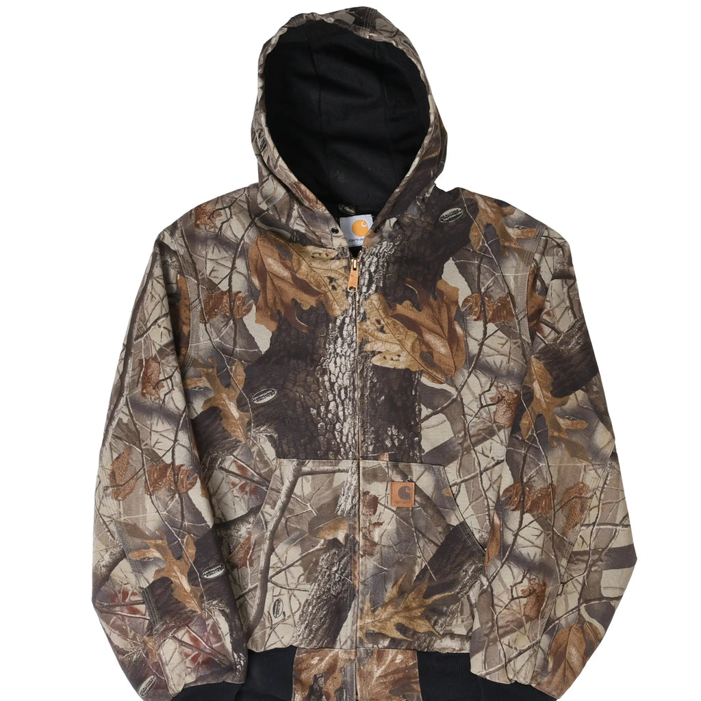 Front of Carhartt Realtree Hardwoods camo hooded Active Jacket with black ribbed trim