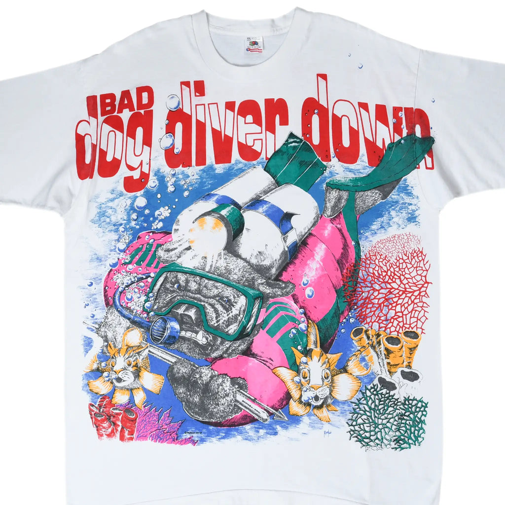 White T-shirt front with Bad Dog Diver Down scuba dog and coral graphic in red, blue, pink and green