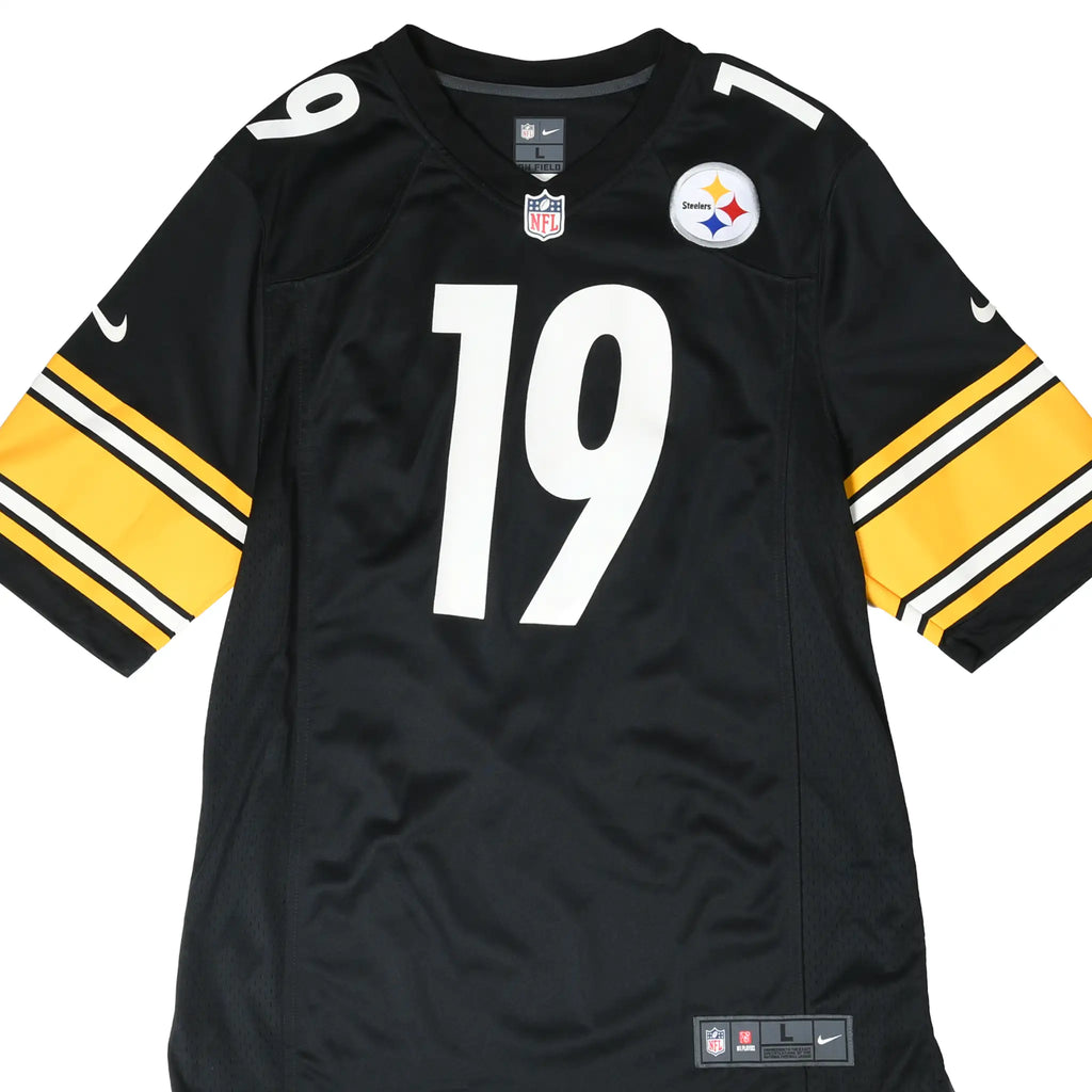 Front of black Nike Pittsburgh Steelers jersey with white 19 and yellow striped sleeves