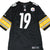 Front of black Nike Pittsburgh Steelers jersey with white 19 and yellow striped sleeves
