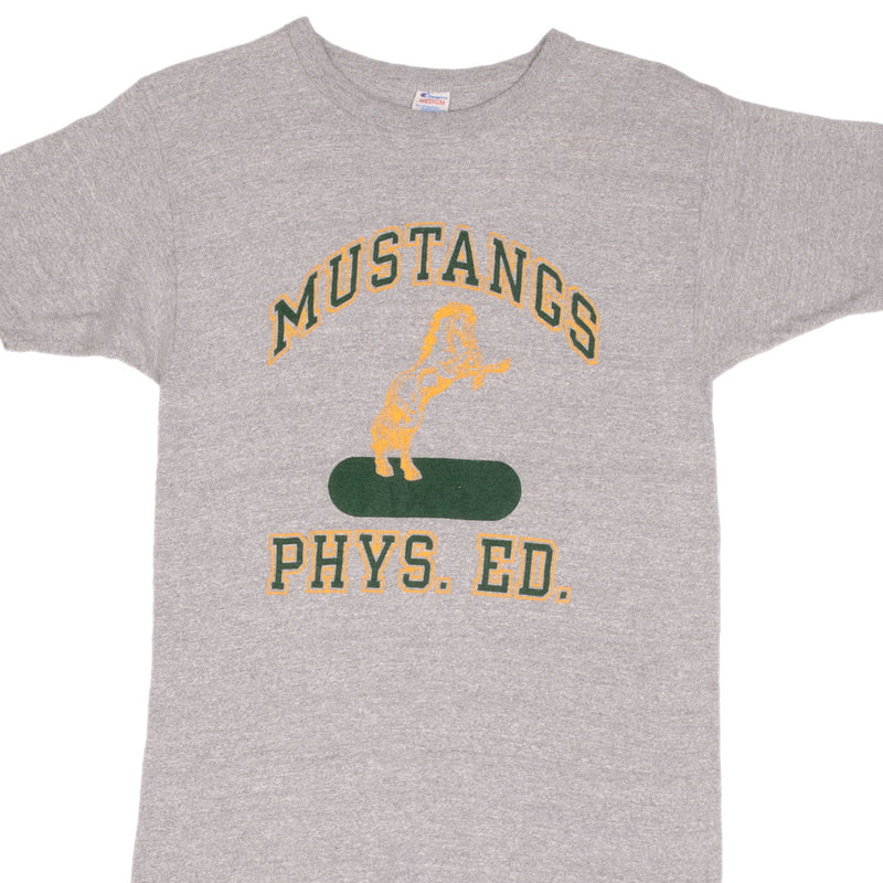 Vintage Champion Mustangs Physical Education Tee Shirt Early 1980S Size Small Made In USA With Single Stitch Sleeves