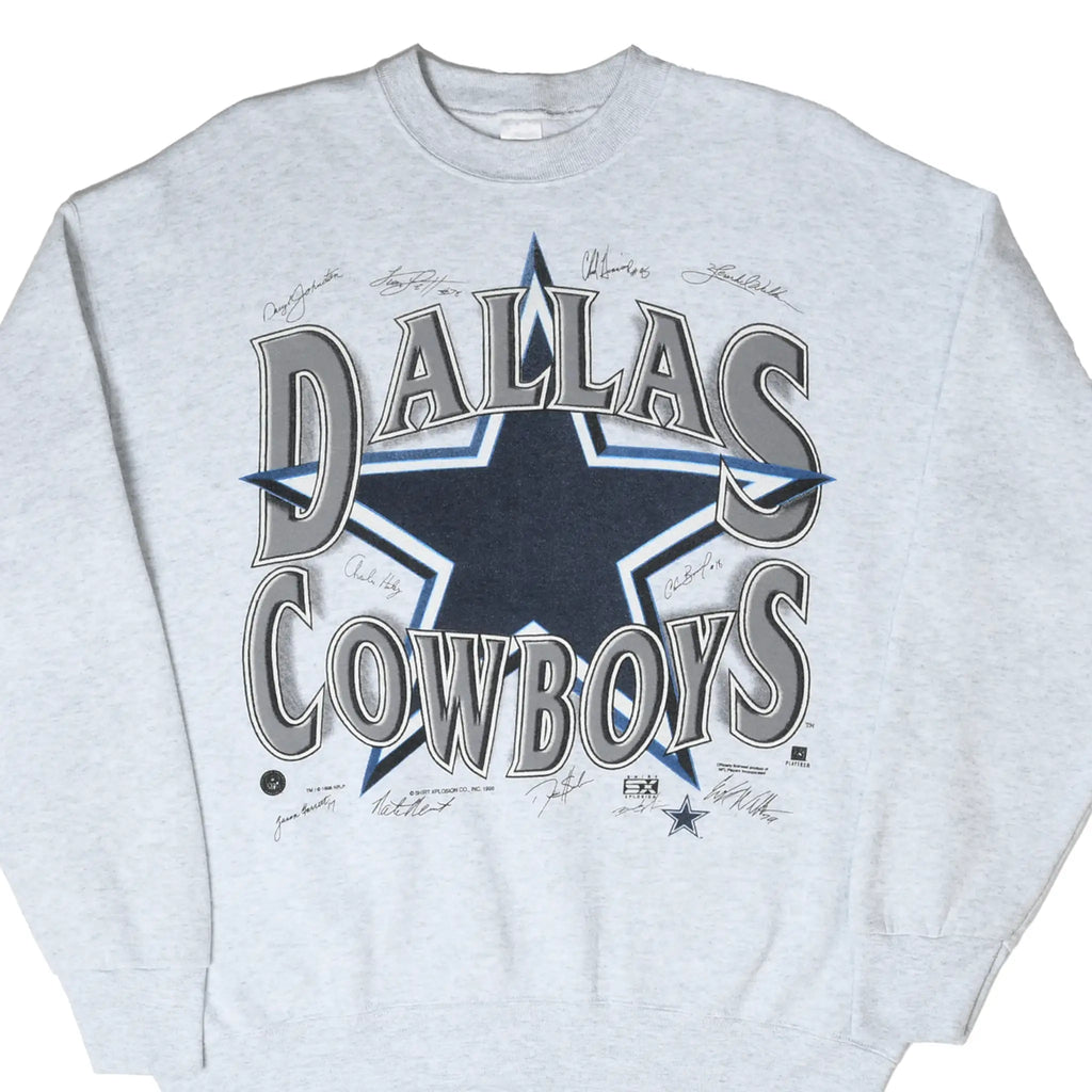 Front of grey Dallas Cowboys sweatshirt with large navy star, outlined lettering, and printed signatures