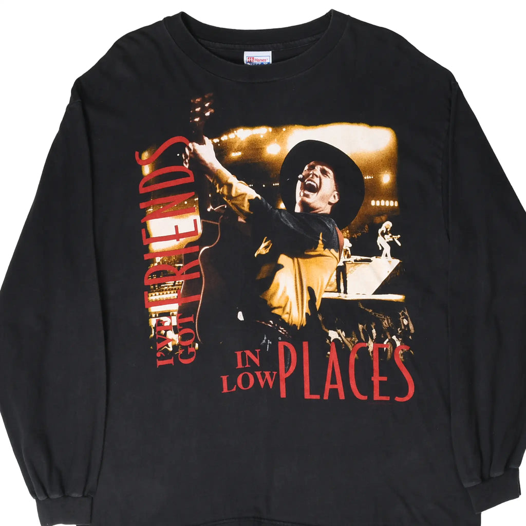 Front of black Garth Brooks long-sleeve shirt with concert graphic and Friends in Low Places text