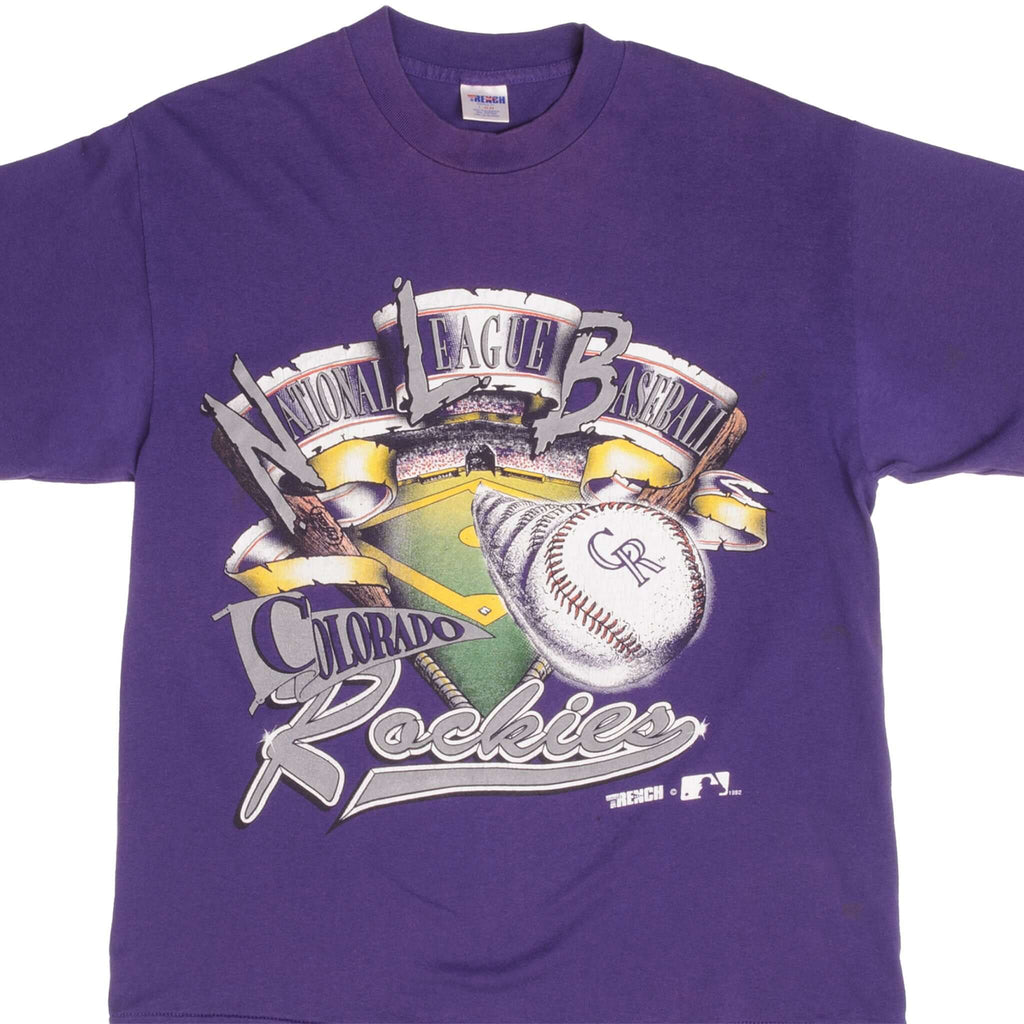 Vintage Purple MLB Colorado Rockies Tee Shirt 1991 Size Medium Made In USA With Single Stitch Sleeves