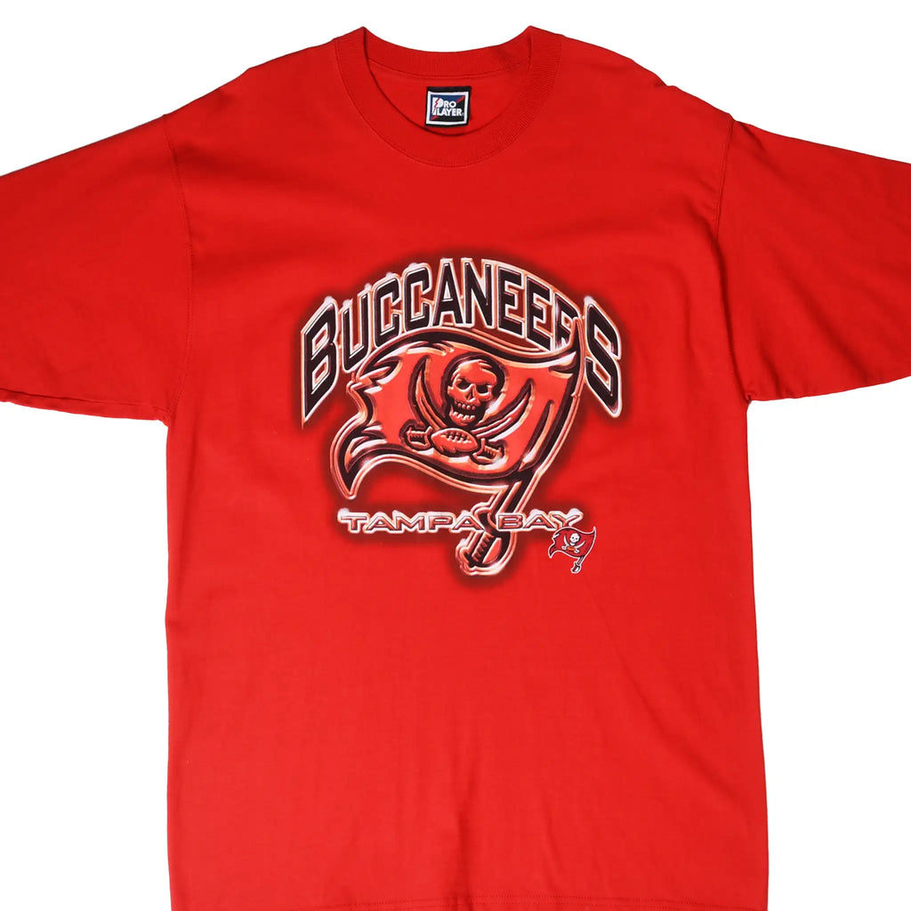 Front of red Tampa Bay Buccaneers T-shirt with large team flag and skull graphic