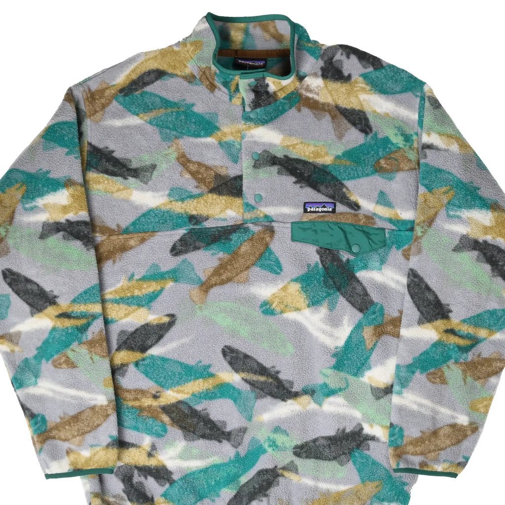 Front of Patagonia Snap-T grey fleece pullover with multicolor trout pattern and teal chest pocket