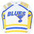 Front of white St. Louis Blues long-sleeve tee with blue and yellow graphics and folded sleeves