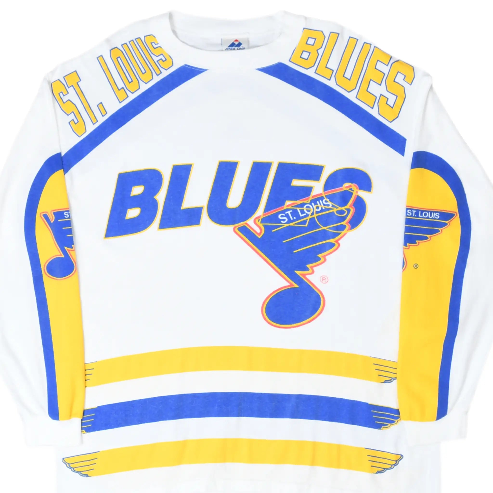 Front of white St. Louis Blues long-sleeve tee with blue and yellow graphics and folded sleeves