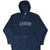 Front of navy blue Nike fleece hoodie with outlined spellout, hood, kangaroo pocket, and small Swoosh