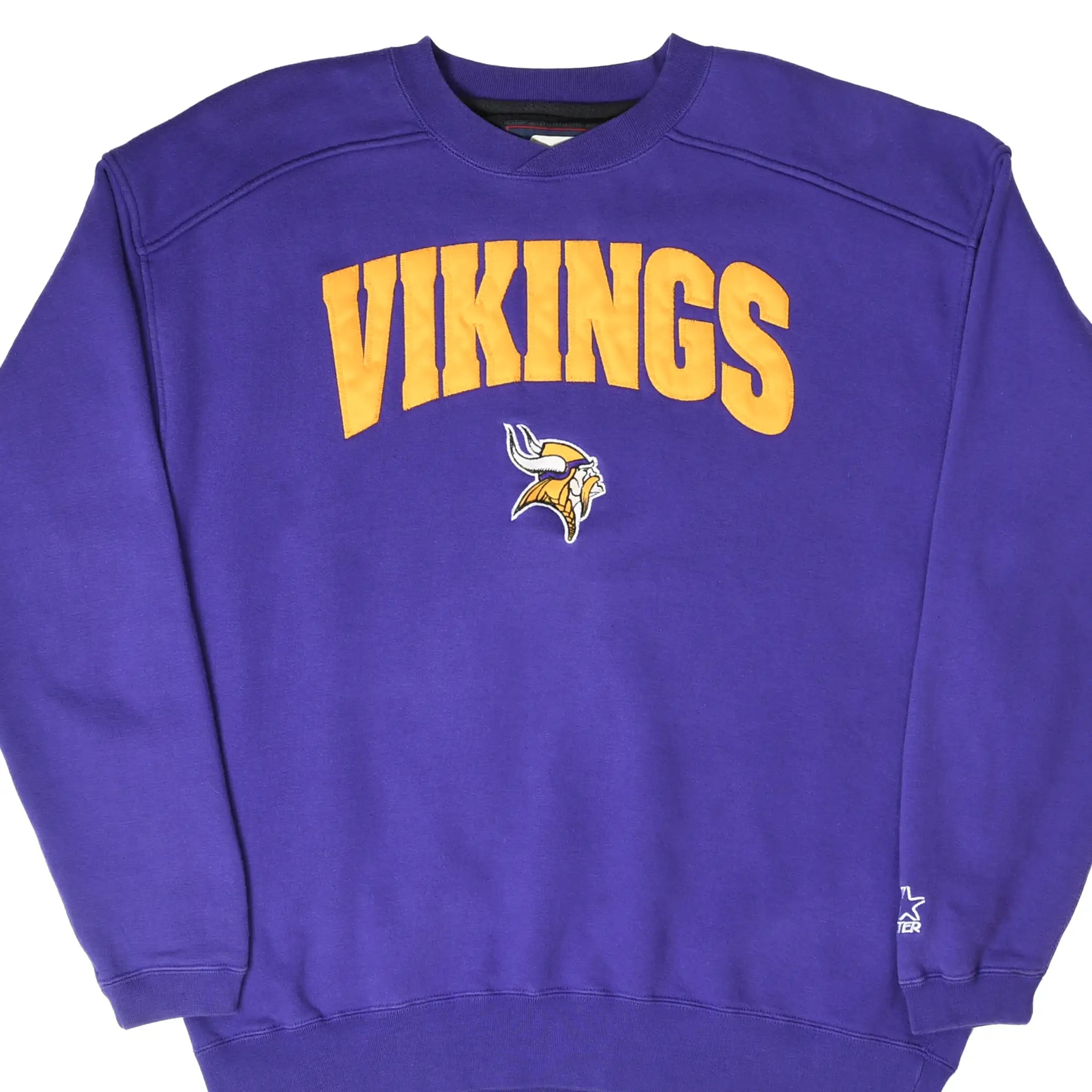 Front of purple Starter Minnesota Vikings sweatshirt with gold lettering and embroidered team logo