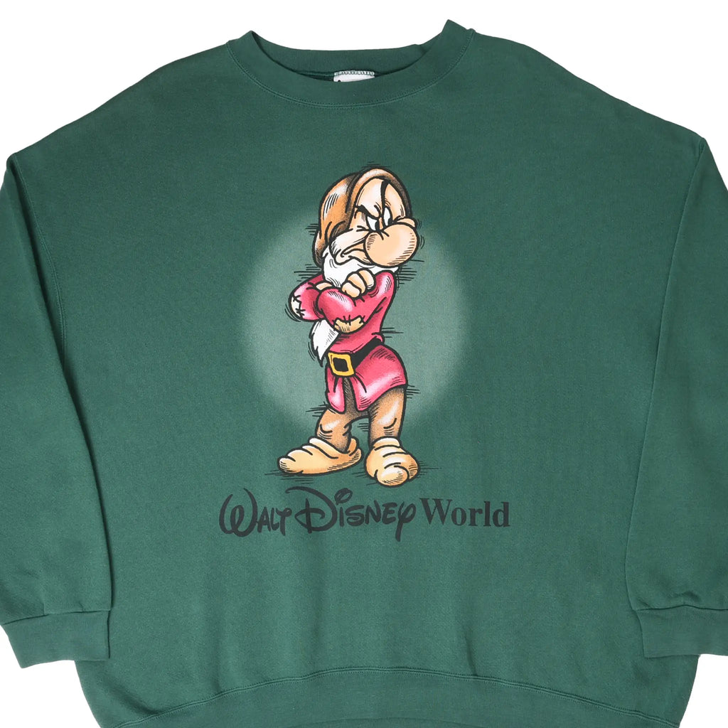 Front of green Disney sweatshirt with Grumpy character and Walt Disney World graphic