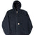 Front of black Carhartt J140 hooded jacket with zipper, pouch pockets, and quilted hood