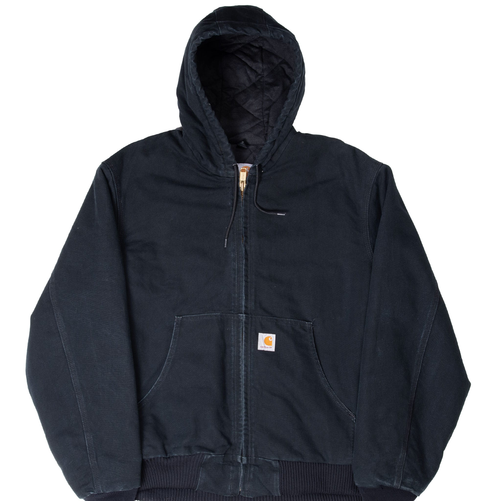 Front of black Carhartt J140 hooded jacket with zipper, pouch pockets, and quilted hood