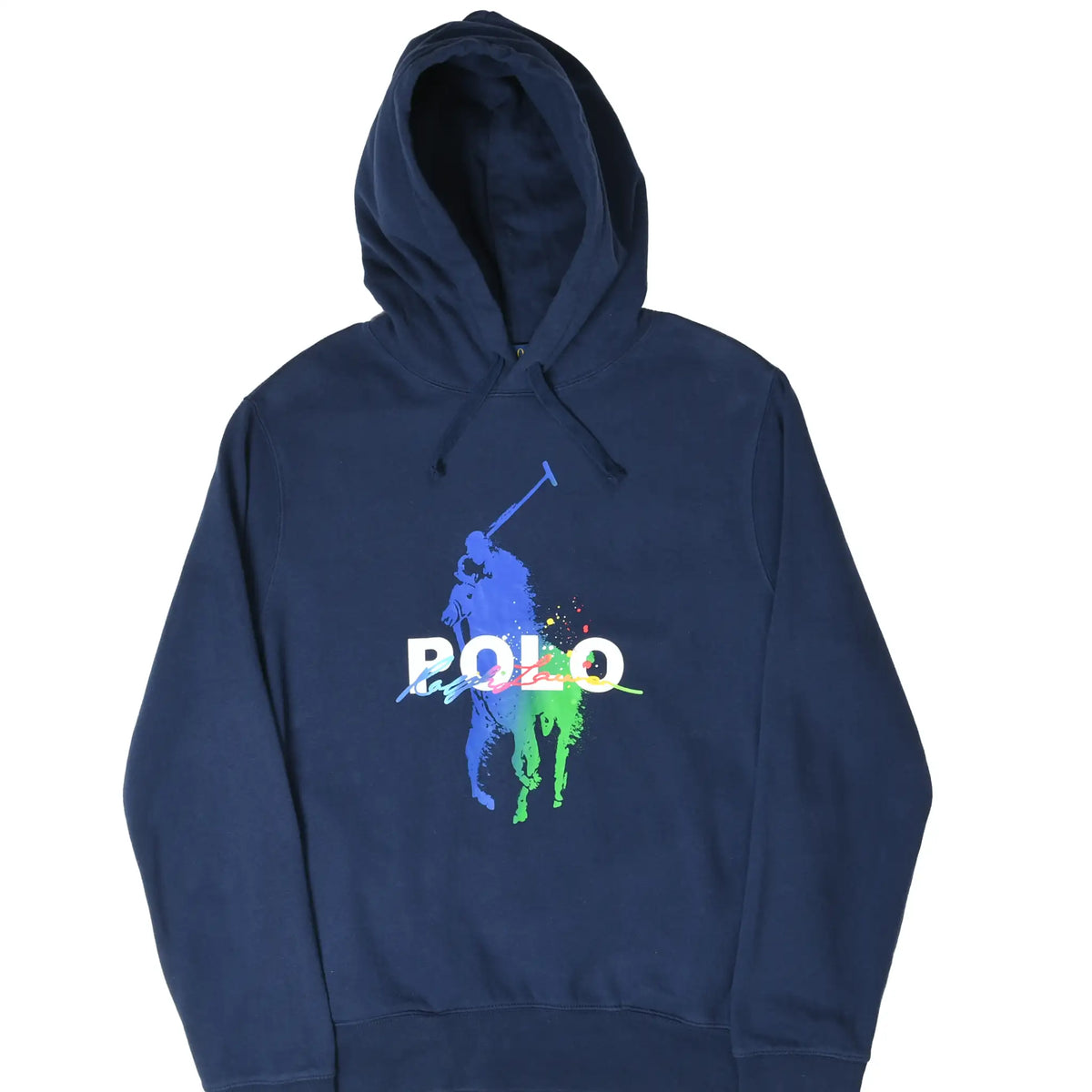 Front of navy Polo Ralph Lauren hoodie with multicolor paint-splash Big Pony graphic