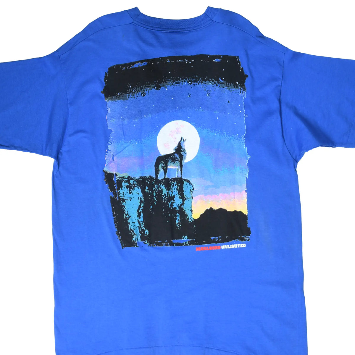 Back of blue Marlboro Unlimited T-shirt with wolf howling at a full moon graphic