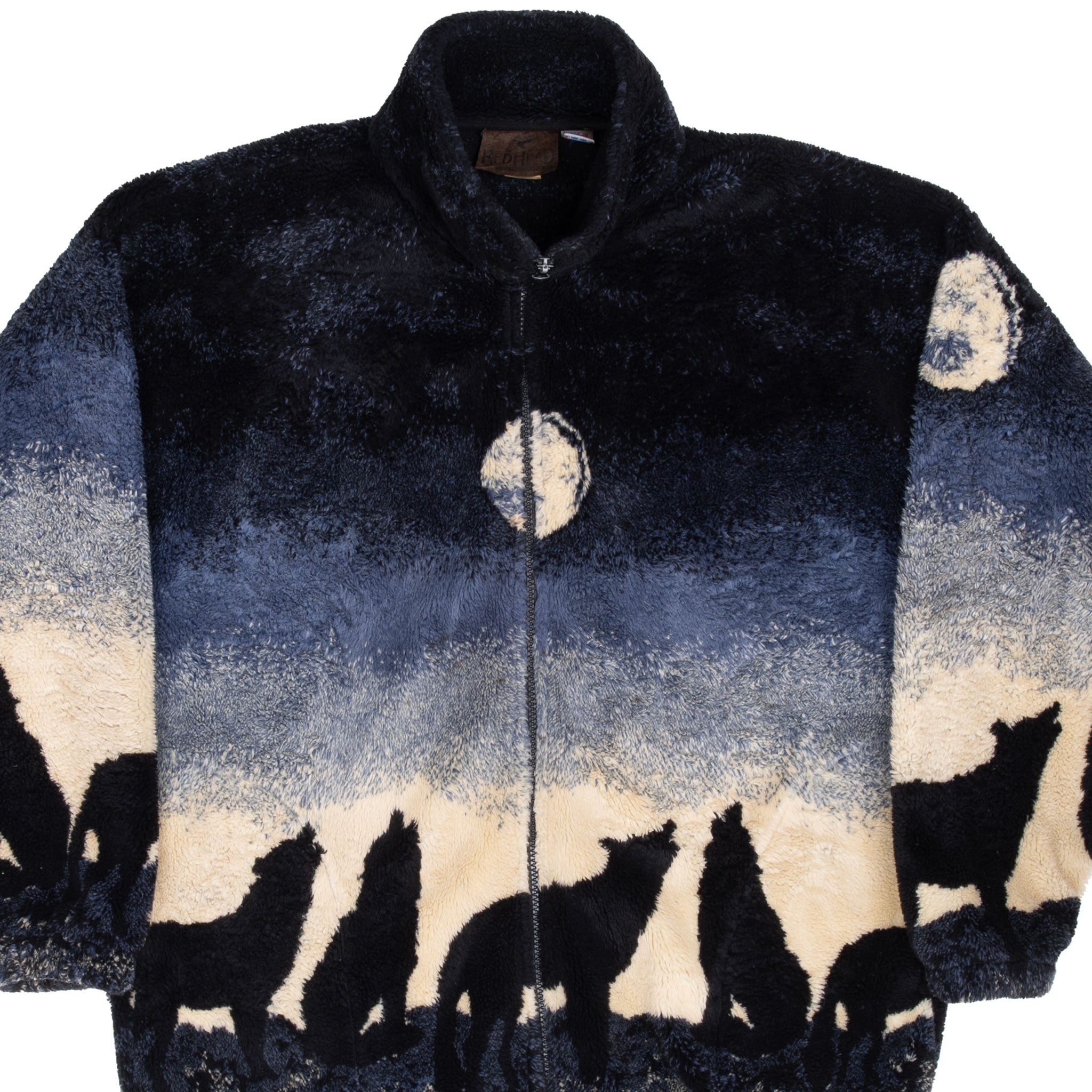 Vintage Animal Print Wolf Moon Fleece Jacket 1990S Size Medium Made In Usa