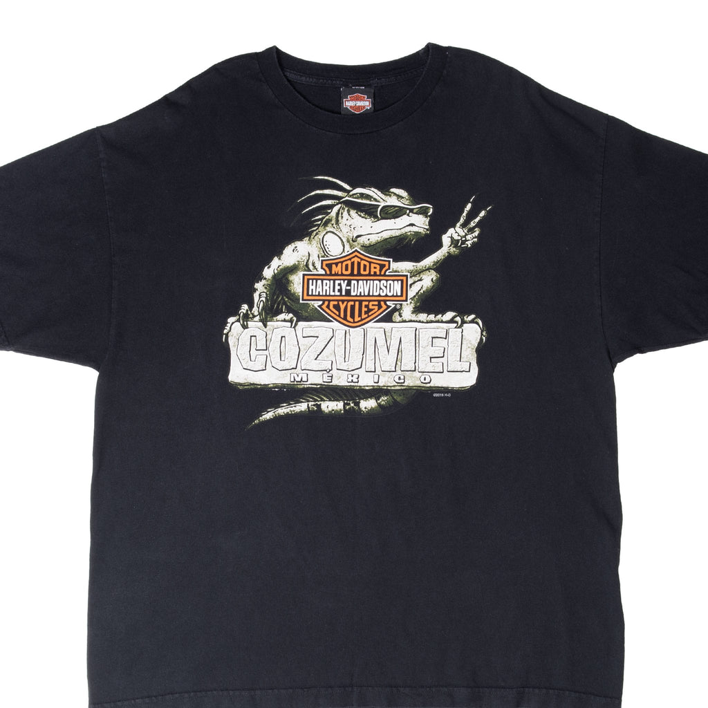Front of black Harley-Davidson T-shirt with iguana and Cozumel Mexico graphic