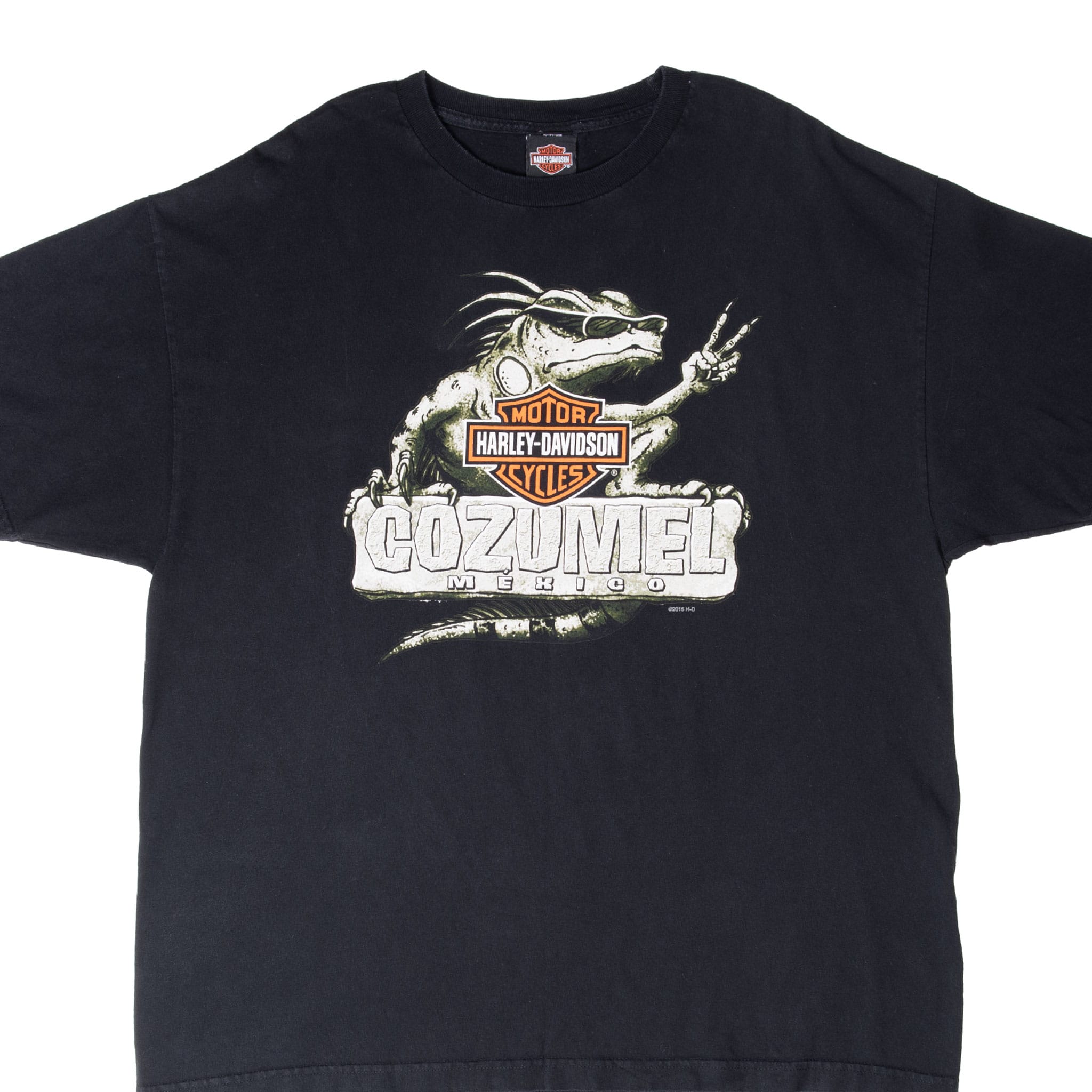 Front of black Harley-Davidson T-shirt with iguana and Cozumel Mexico graphic