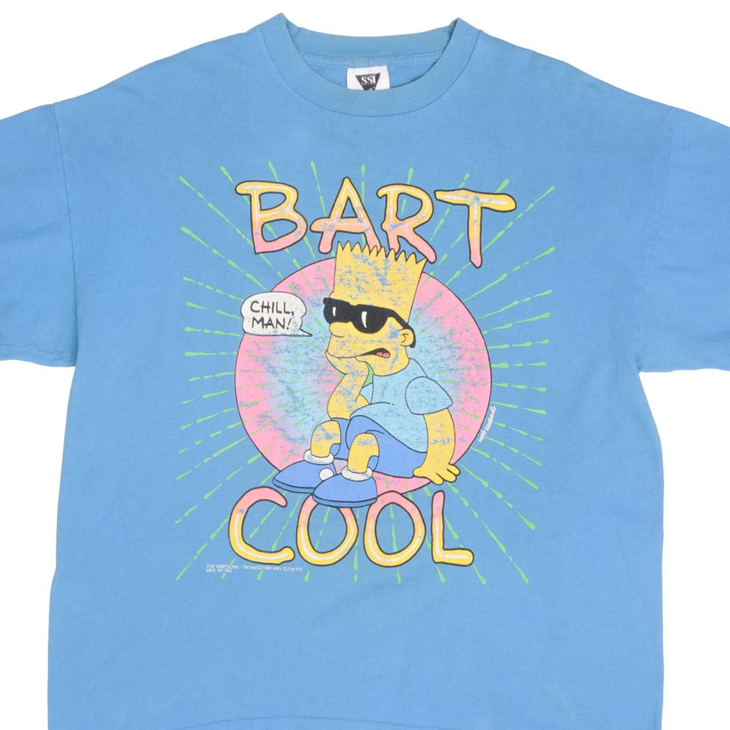 Vintage Bart Simpson Cool Blue Tee Shirt 1991 Size XL Made In USA With Single Stitch Sleeves