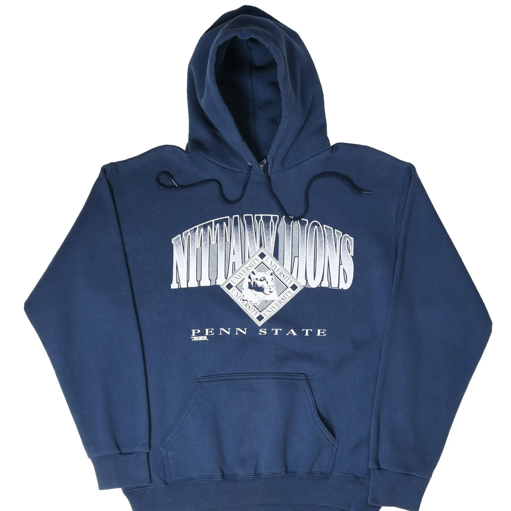 Front of navy Penn State Nittany Lions hooded sweatshirt with white chest graphic and pouch pocket