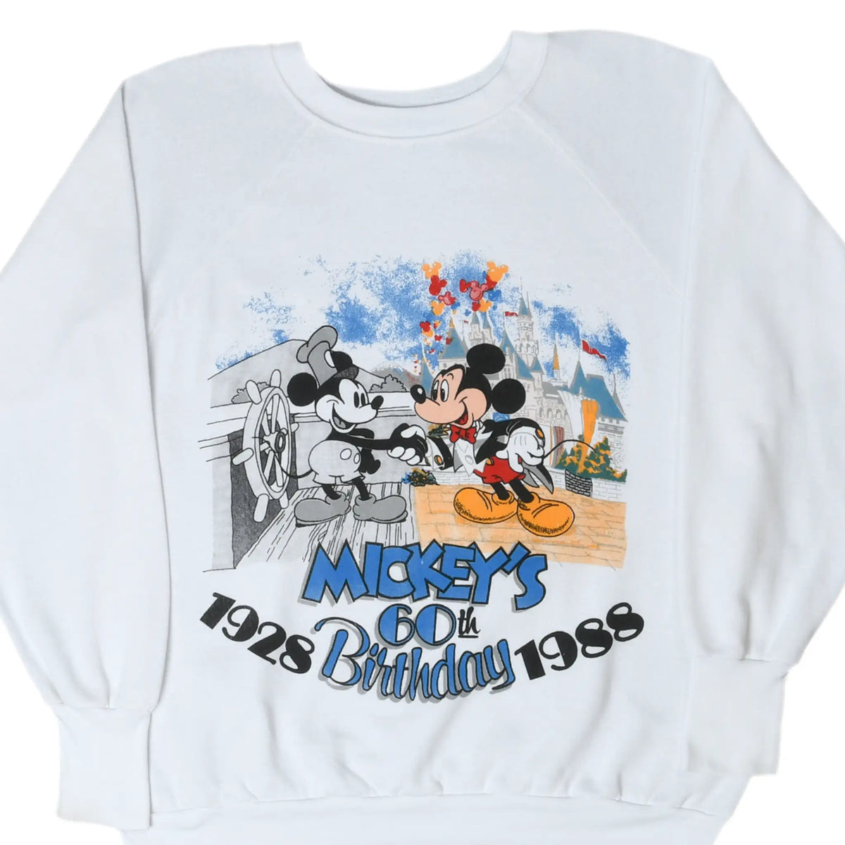 Front of white Disney sweatshirt with Mickey Mouse 60th birthday graphic