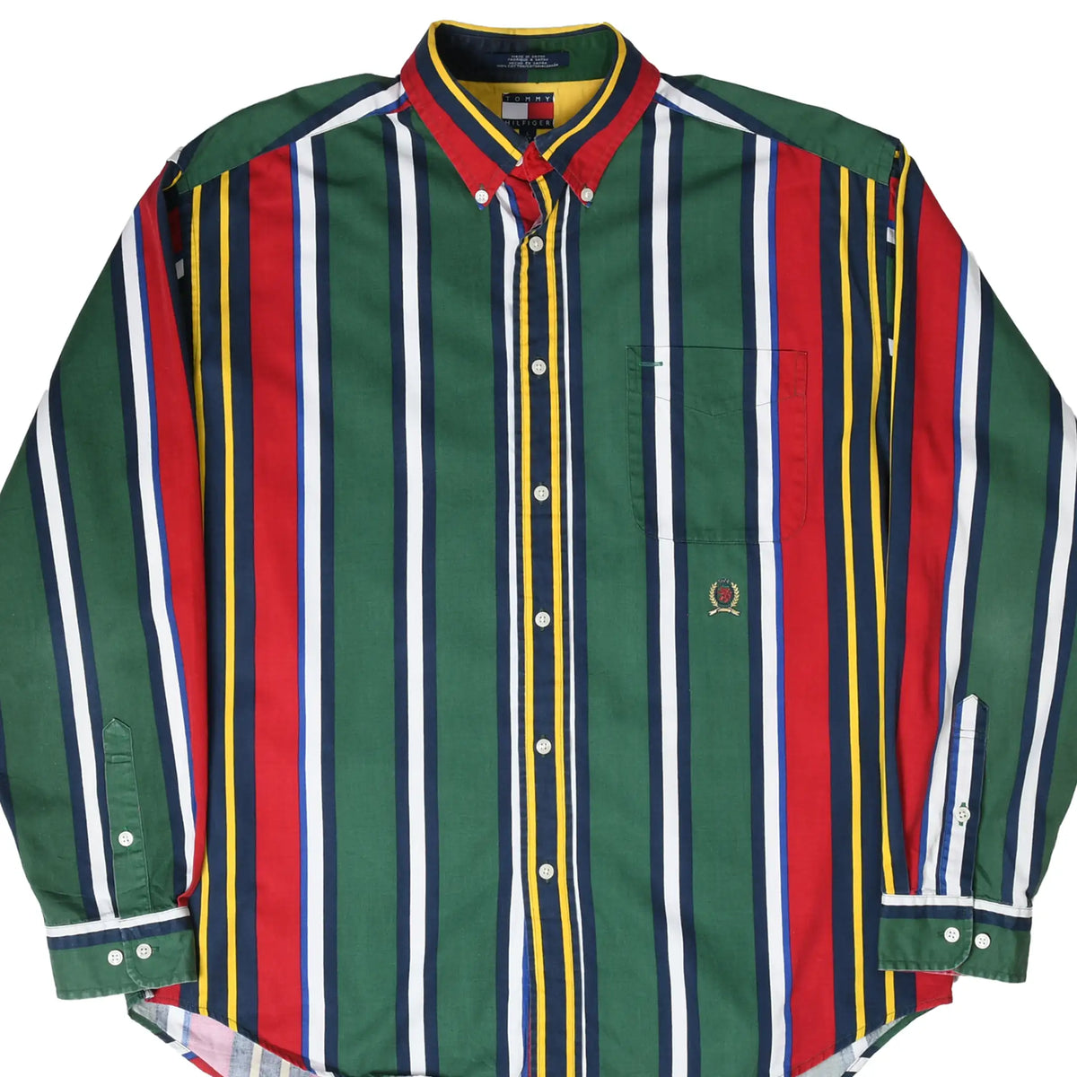 Front of Tommy Hilfiger button-down shirt with green, red, navy, white, and yellow vertical stripes